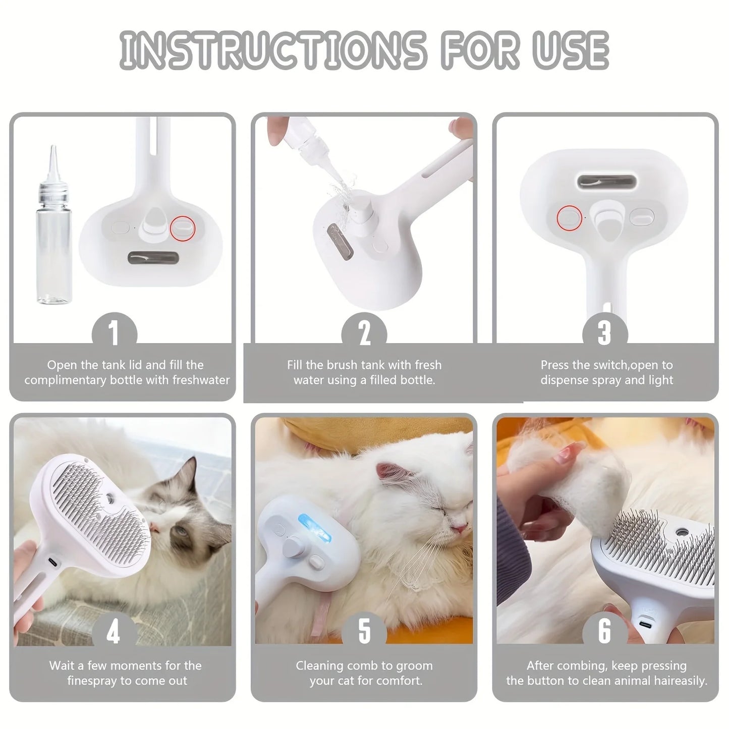 Escova Grooming com Umidificador de Névoa para Cães e Gatos